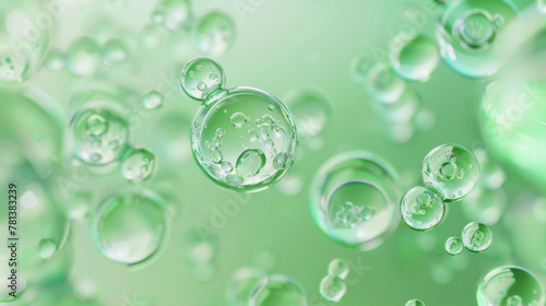 Green translucent cosmetic molecules in 3D rendering with simple cell background