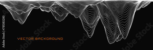 Black and White Wireframe Stalactite Cave. Abstract Fluid Lines Design. 3D Topographic Map Background Concept. Geography Concept. Tech Wavy Backdrop. Space Game Surface HUD Design Element.