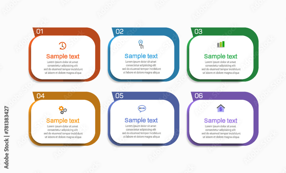Business vector infographic design template with icons and 6 options or steps. Can be used for process diagram, presentations, workflow layout, banner, flow chart, info graph Business vector infographic design template with icons and 6 options or steps. Can be used for process diagram, presentations, workflow layout, banner, flow chart, info graph