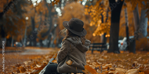 Child girl sits alone on a wooden stump while walking through the forest on an autumn day loneliness  © Jouni