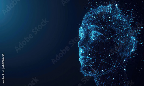 Human head created in low poly style. Man face polygon light. Emotional Intelligence allegory AI. Facial Recognition System concept. biometric scanning, 3D scanning
