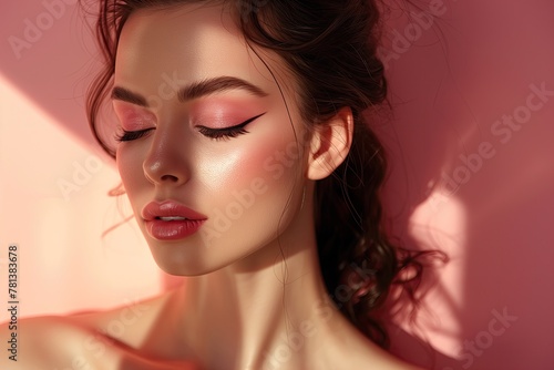Studio photo of a woman face with perfectly done pink makeup