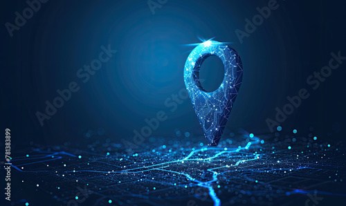 Gps, location sign in futuristic abstract style on blue background. Gps navigator pin. Map pointer sign. Route navigator. Polygon vector wireframe concept. Low poly photo