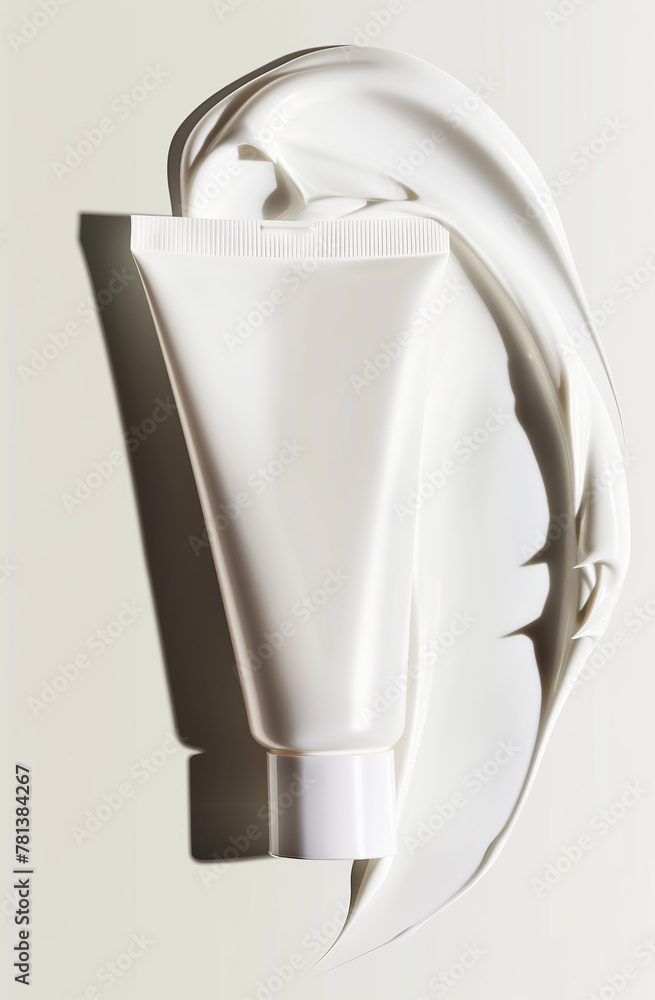 White Cosmetic Tube with Cream Swirl on Neutral Background White Cosmetic Tube with Cream Swirl on Neutral Background