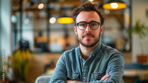 Entrepreneur man with glasses at the helm of a startup hub, fostering innovation and collaboration among young startups in a vibrant co-working space.
