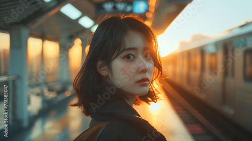 A Korean woman stands at the station on a sunny winter morning, awaiting the train amidst the lively rhythm of city life.