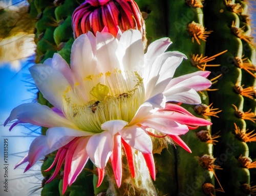 Φωτογραφία Beautiful white saguaro cactus flower with bee