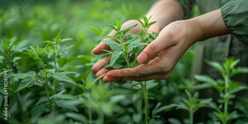 An ecologically sound nursery's green herbs garden encompasses the area where a lady agricultural individual is compiling mugwort, a relieving herb and space, Generative AI.