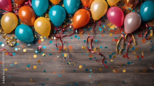 Colorful balloons with confetti and ribbons on a wooden background © Dzikir