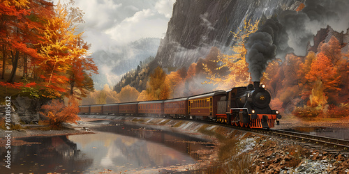 A train in a mountains autumn landscape with a alone train going by it 