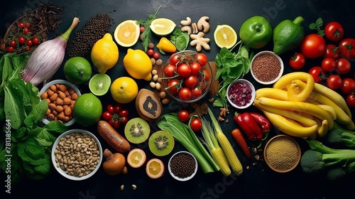 Healthy food ingredients for cooking on black background. Top view.