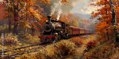 Painting of a train traveling through a autumn forest with a sunset,