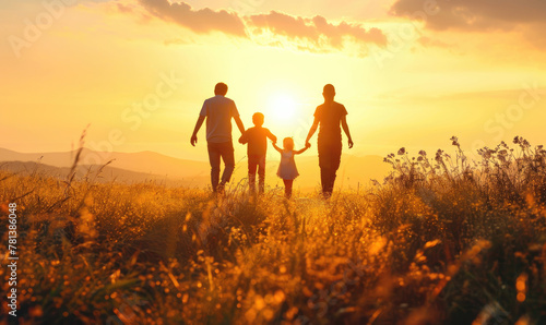 Fototapeta Naklejka Na Ścianę i Meble -  happy family, mother, father, children son and daughter on nature on sunset