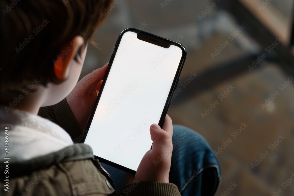 App screen over a shoulder of a boy holding an smartphone with a completely white screen