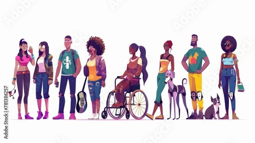 A diverse group of people  characters with disabilities  a gay person  an african american person. Modern flat illustration of a girl in a wheelchair  wearing a prosthesis  and a blind man with a