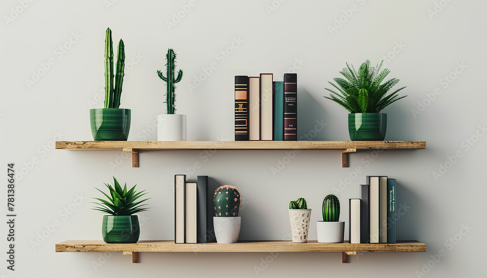 Modern shelves with books and cacti hanging on light wall Modern shelves with books and cacti hanging on light wall