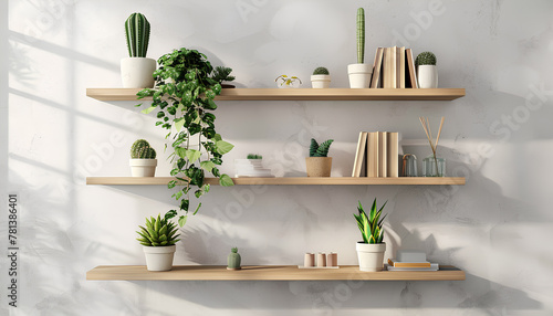 Modern shelves with books and cacti hanging on light wall