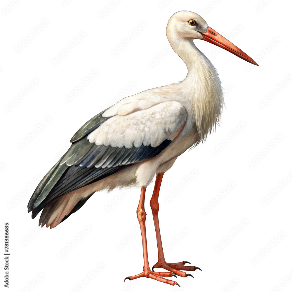 Fototapeta premium White Stork Ciconia standing alone on white background, surrounded by grass and nature