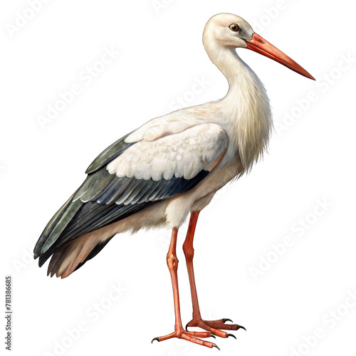 White Stork Ciconia standing alone on white background, surrounded by grass and nature