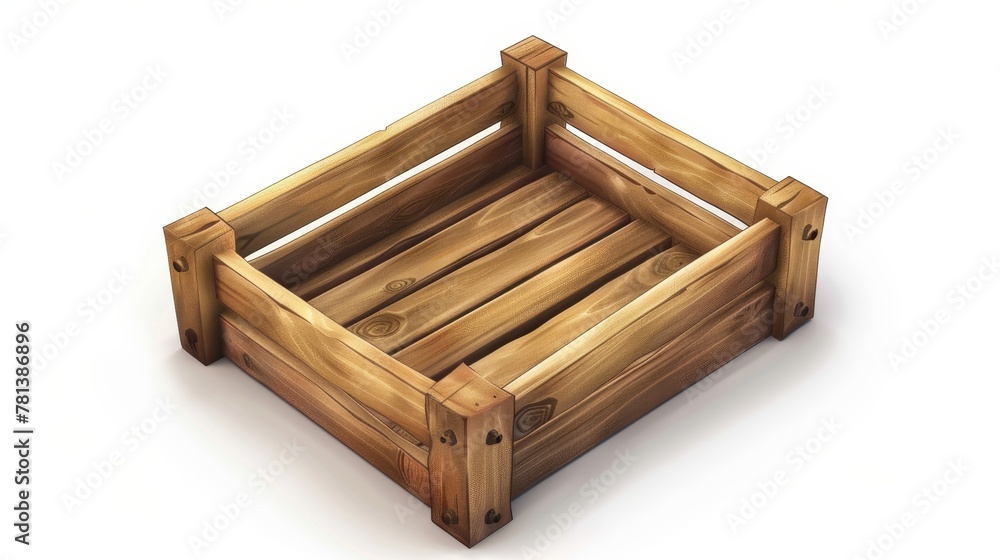 Icon of wooden box or empty crate. Wooden tray for farm fruit or vegetables, timber plank container for market storage, pallet for delivery, top angle view.