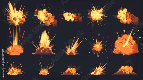 Sprite sheet of explosive explosion sequence. Modern 2d cartoon of dynamite or rocket explosion on black background. photo