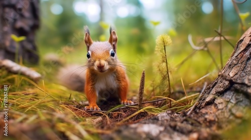 Red squirrel sits on a log in the forest and looks at the camera