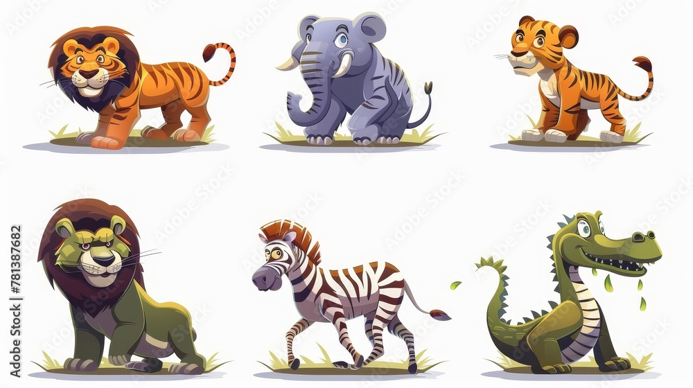 Fototapeta premium An illustration set of cartoon wild animals including a tiger, zebra, lion, elephant, and crocodile. Jungle inhabitants predators and herbivorous species in a zoo or safari park.