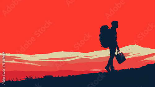 a bold, minimalist poster design featuring the silhouette of a traveler with a backpack and suitcase walking against a backdrop of layered hills, under a striking red sky. 