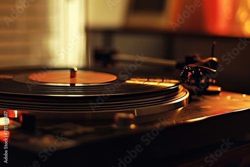Classic black record spinning on a turntable, warm lighting, cozy atmosphere