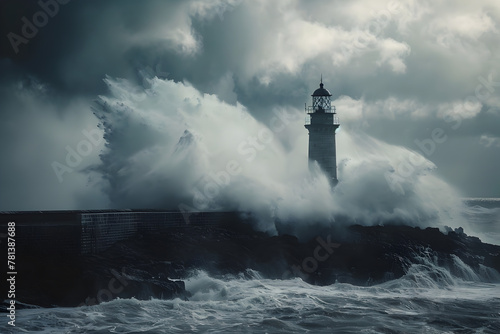 Dramatic seascape with a lighthouse standing firm against powerful waves during a storm, symbolizing guidance and resilience in adversity. photo