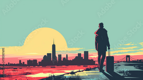 a minimalist poster featuring a silhouette of a traveler with a suitcase against a stylized backdrop of a city skyline. 