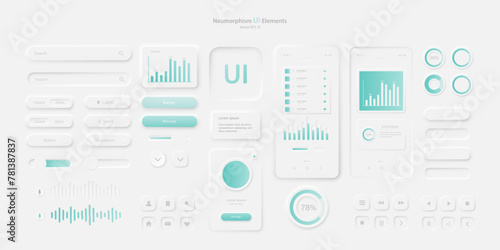 User interface elements for a light-colored mobile application. A set for developing a modern website or mobile application in the Neumorphism style. Vector EPS 10.