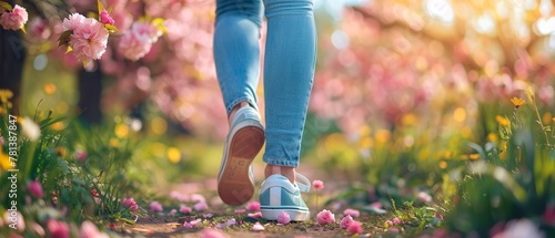 Portrait of a woman leg walking through a flower garden wearing denim pants and sneakers with a big space a spring flower garden, Generative AI. photo