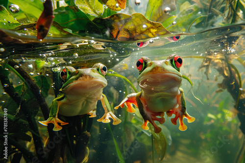 Capture the unseen world of underwater life in the African jungle  using innovative photography techniques to reveal the vibrant colors and intricate movements of fish  frogs  and other aquatic creatu