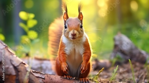 Red squirrel sits on a log in the forest and looks at the camera photo