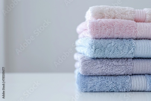 Stacked bath towels on white table indoors, with space for text in background. photo
