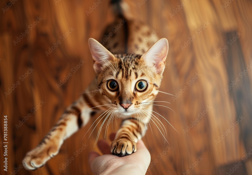 An adorable Bengal kitten with striking green eyes is gently held in one's arms, capturing a moment of innocence and curiosity.