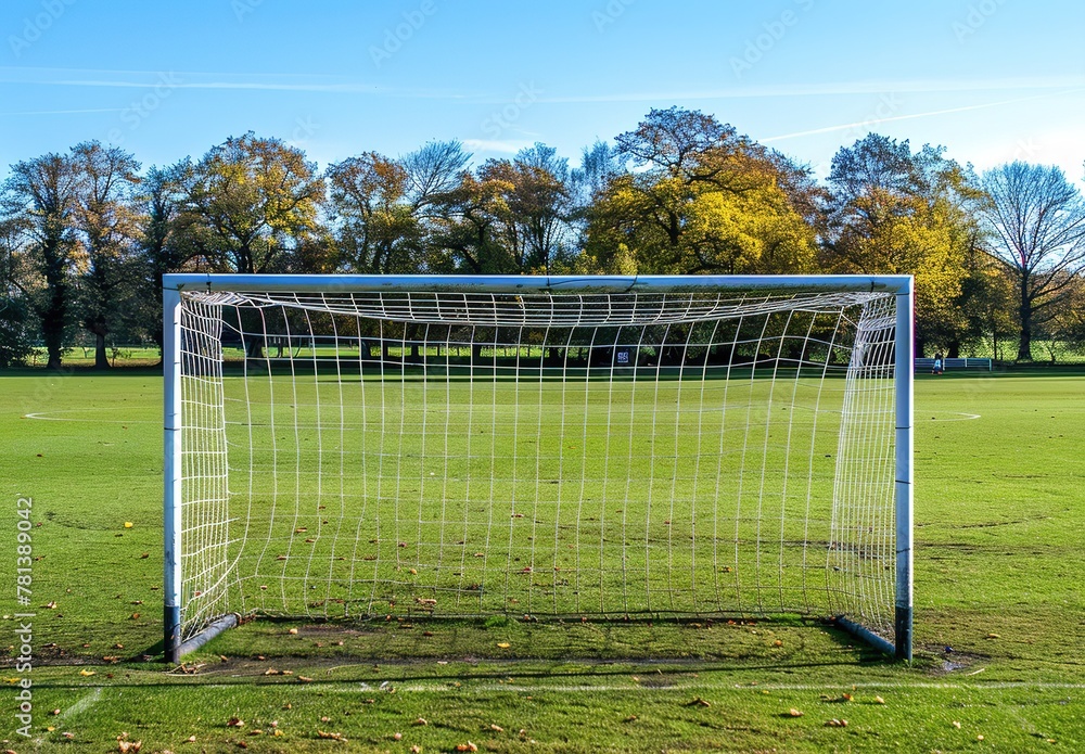 Sunny day on the football field: clear blue sky over a well-kept green field with white goals
