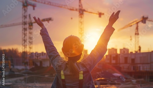 An empowered builder celebrates success amid urban development, silhouetted against a vibrant sunset © Яна Деменишина