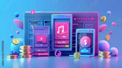 Vibrant 3D Illustration of Multimedia Interfaces with Cryptocurrency Theme photo