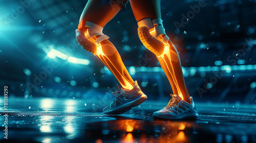 Close-up of a robust knee pad highlighting joint protection, set against the energetic backdrop of a sports arena