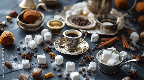 Turkish coffee with delights, cardamom, cinnamon, sweets 