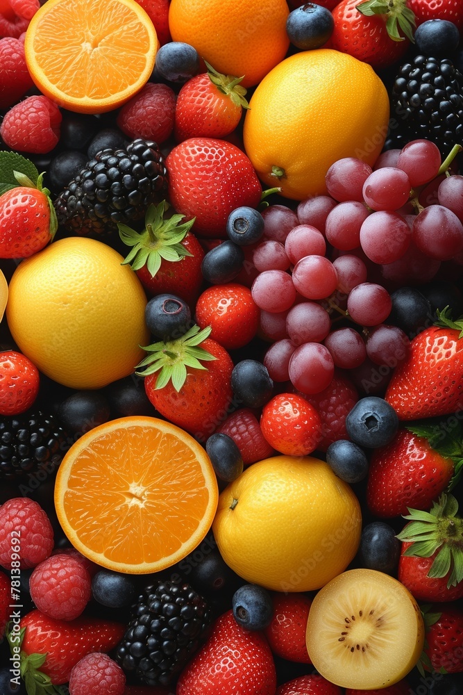 An assortment of fresh, colorful fruits like strawberries, raspberries, and blueberries offers sweet, healthy nutrition.