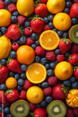 A vibrant assortment of fresh organic berries - raspberries, strawberries, blueberries - offers delicious summer nutrition.