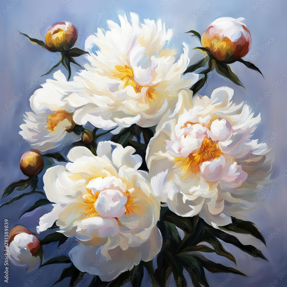 Fototapeta premium white peonies. a bouquet of beautiful flowers. drawing. illustration. artificial intelligence generator, AI, neural network image. background for the design.