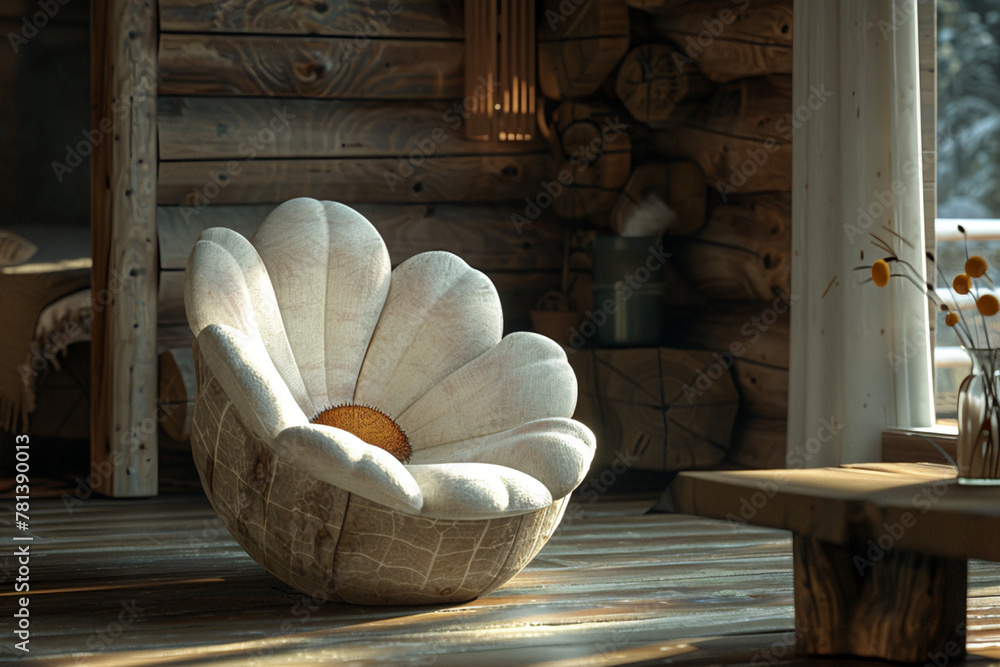 Craft an AI image portraying a chair formed by intertwining daisy petals, set within a modern cabin with a minimalist aesthetic and warm, inviting ambiance - obrazy, fototapety, plakaty 