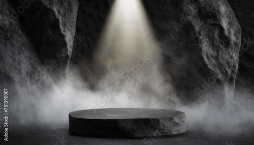 Empty black rock podium, pedestal for display mockup or products presentation. On background black rock walls with white smoke or fog and a light beam illuminating the base from above. Generative Ai.