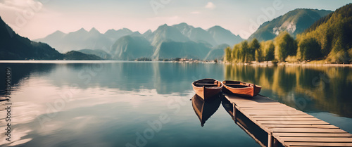 Two canoes rest on a still lake, reflecting the surrounding mountains and clear sky. generative AI