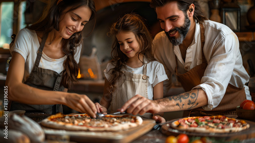 Happy family making pizza together in kitchen