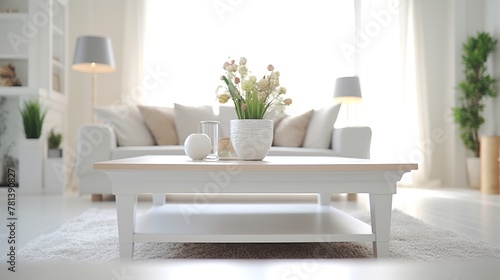 Interior of modern living room with white sofa, coffee table and plant © Dzikir